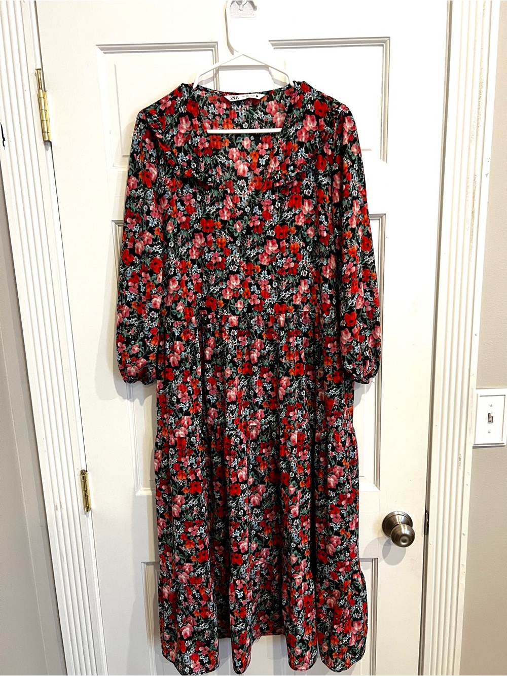 Zara Black Midi Dress with Red Floral Print